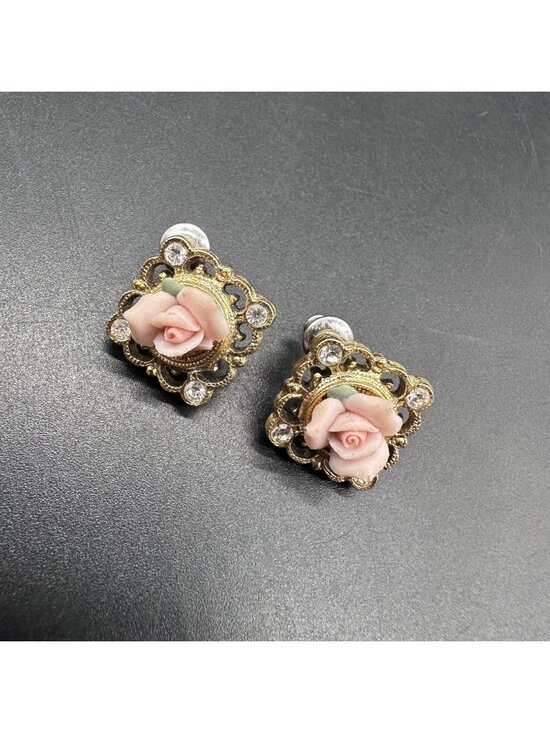 Jewelry - Vintage Pink Rose Earrings Rhinestones Flowers Gold Tone Floral Cottage Retro